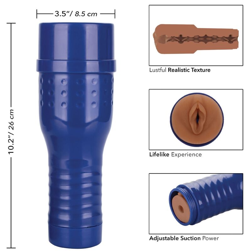 Masturbateur PRIVATE Romy Indy de 26 cm en etui bleu avec encarts detaillant la texture realiste, l'orifice vaginal moule et la succion ajustable.