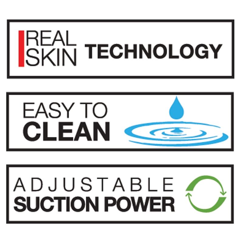 Pictogrammes PRIVATE Real Skin Technology, nettoyage facile et puissance de succion ajustable resumant les atouts du masturbateur Romy Indy.