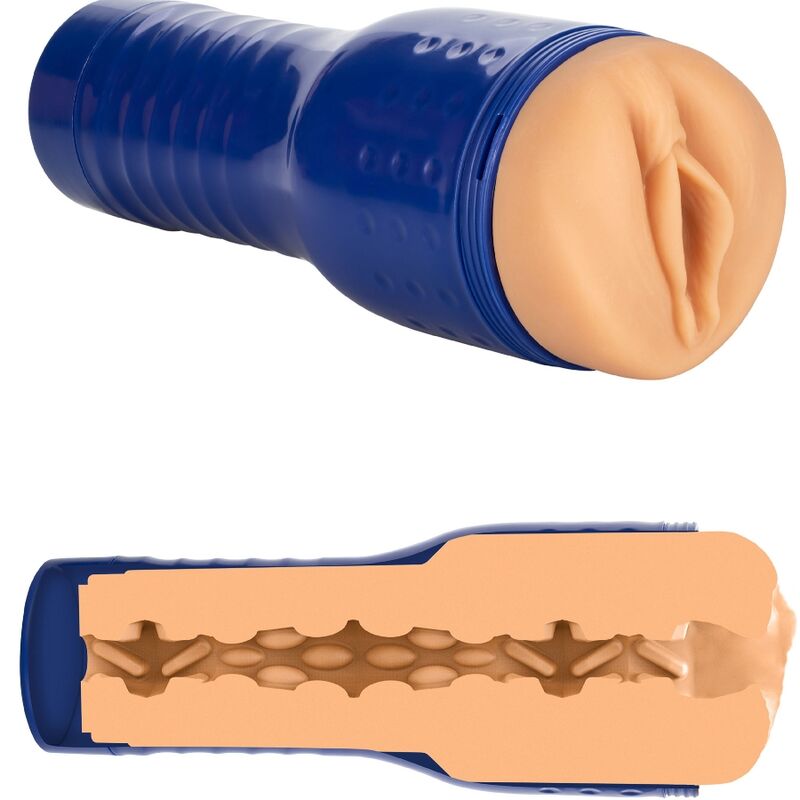 Masturbateur PRIVATE Gabi Gold en etui bleu, orifice realiste couleur peau et vue en coupe du canal interne a texture serree, tige de succion incluse.