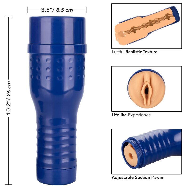 Masturbateur PRIVATE Gabi Gold de 26 cm en etui bleu avec encarts detaillant la texture realiste, l'orifice vaginal moule et la succion ajustable.