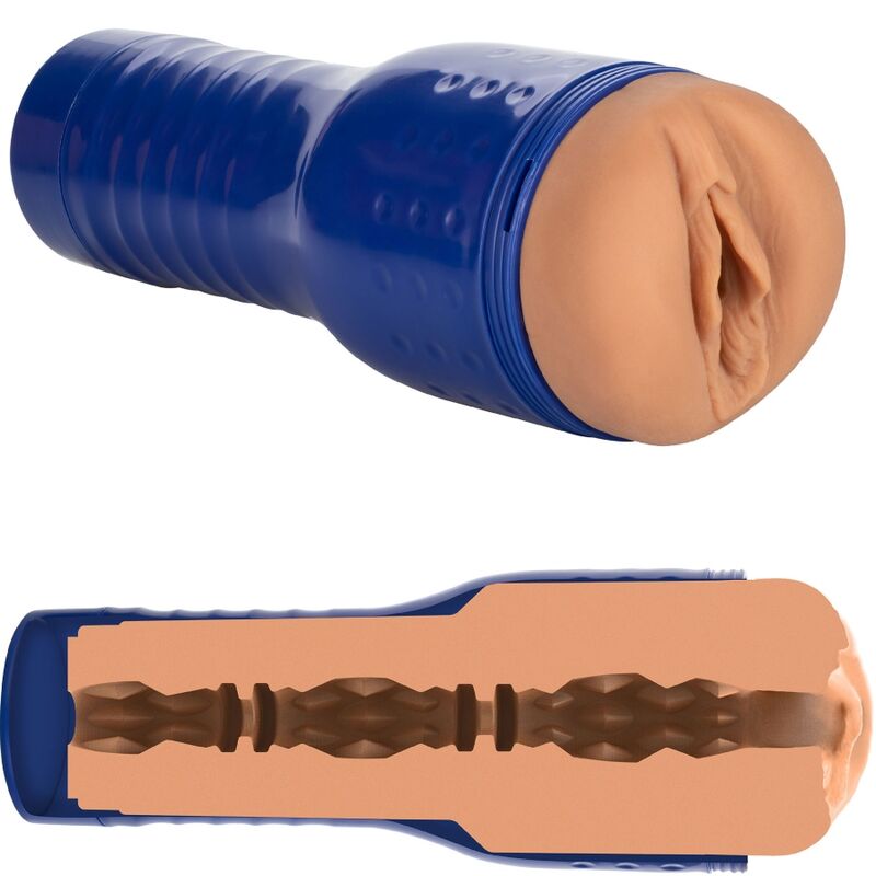 Masturbateur PRIVATE Ginebra Bellucci en etui bleu, orifice realiste couleur peau et vue en coupe du canal interne a texture travaillee, tige incluse.