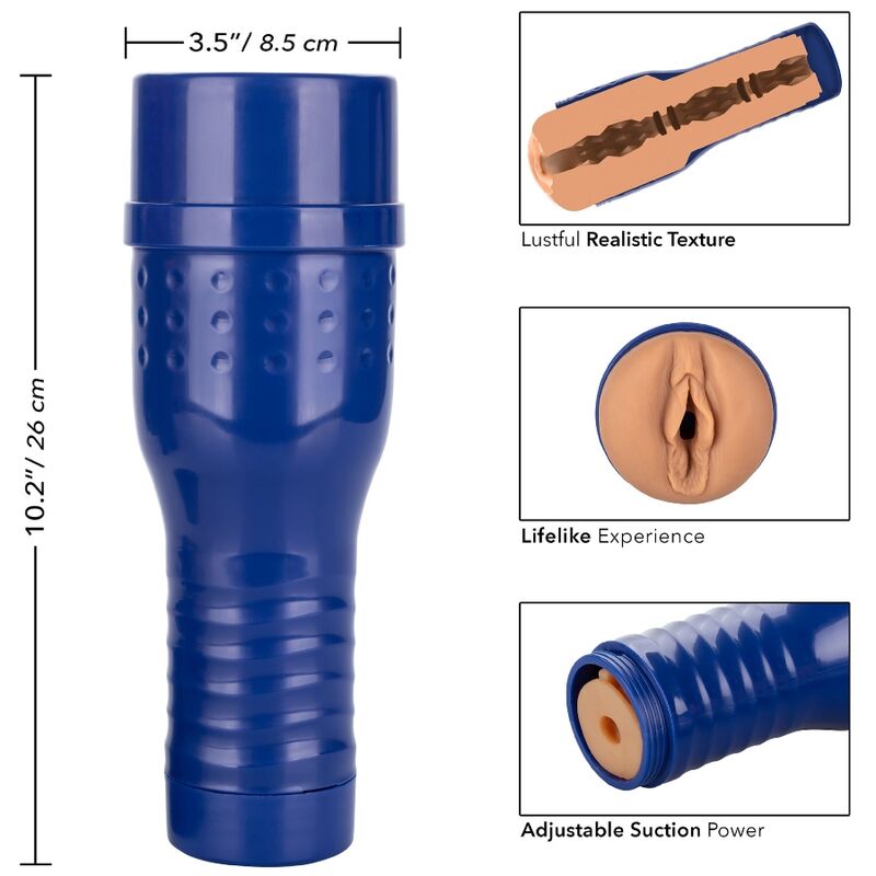 Masturbateur PRIVATE Ginebra Bellucci de 26 cm en etui bleu avec encarts detaillant la texture realiste, l'orifice vaginal moule et la succion ajustable.