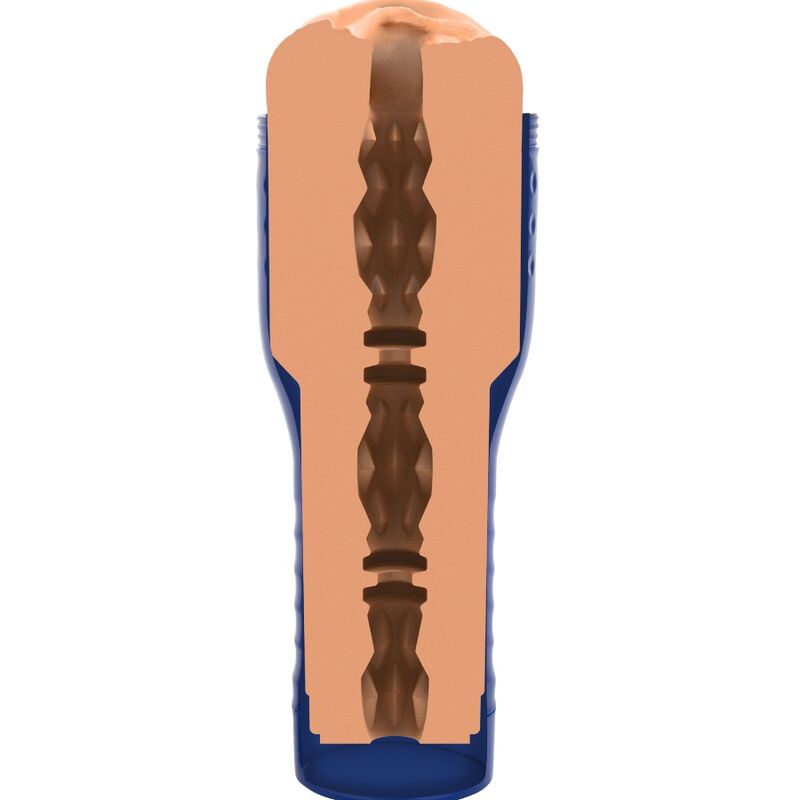 Vue en coupe du canal interne nervure couleur caramel du masturbateur PRIVATE Ginebra Bellucci, revelant la texture travaillee et l'orifice detaille.