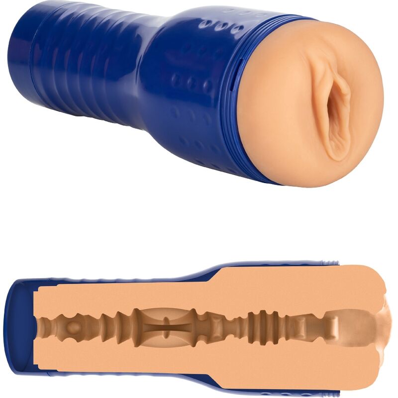 Masturbateur PRIVATE Jolee Love en etui bleu, orifice realiste couleur peau et vue en coupe du canal interne a texture penetrante serree.