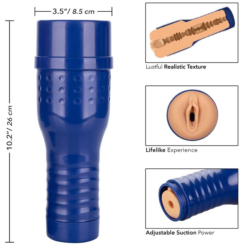 Masturbateur PRIVATE Jolee Love de 26 cm en etui bleu avec encarts detaillant la texture realiste, l'orifice vaginal moule et la succion ajustable.
