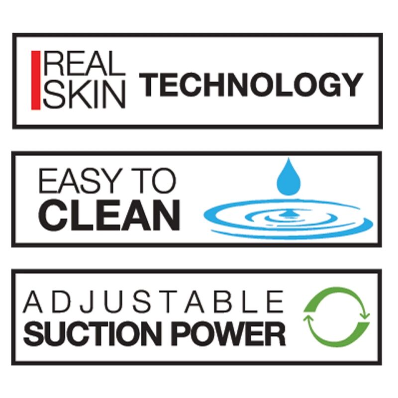 Pictogrammes PRIVATE Real Skin Technology, nettoyage facile et puissance de succion ajustable resumant les atouts du masturbateur Jolee Love.