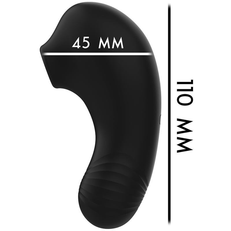 Schema coté du stimulateur clitoridien Shushu Pro Rithual en silicone noir, tete d aspiration de 45 mm et hauteur 110 mm, sextoy compact a double moteur, recharge magnetique.