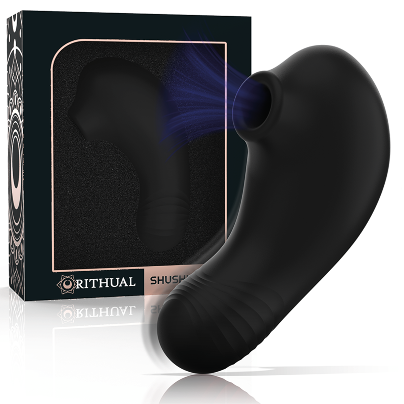 Boite noire Shushu Pro Rithual et stimulateur clitoridien par aspiration en silicone noir, tete d aspiration a jet d air, double moteur, sextoy compact a recharge magnetique.