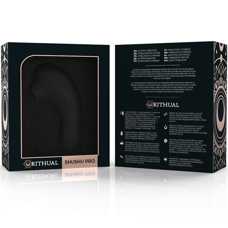 Boite Shushu Pro Rithual noire a decor dore presentant le stimulateur clitoridien par aspiration en silicone, double moteur, sextoy de poche discret a recharge magnetique.