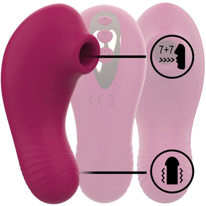 Stimulateur clitoridien Shushu Pro Rithual en silicone bordeaux avec pictogrammes 7+7 modes d aspiration et vibration, double moteur, sextoy de poche a recharge magnetique.