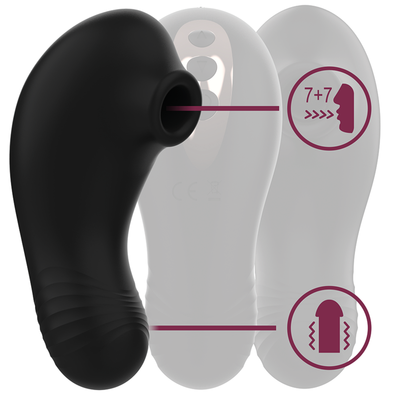 Stimulateur clitoridien Shushu Pro Rithual en silicone noir avec pictogrammes 7+7 modes d aspiration et vibration, double moteur, sextoy de poche a recharge magnetique.