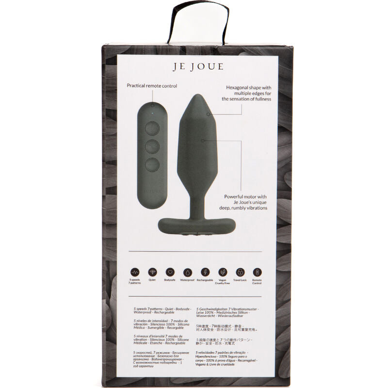 Dos de boîte Onyx avec schéma annoté du plug noir facetté et de sa télécommande, mentions hexagonal shape et rangée de pictogrammes de fonctions alignés en bas du packaging.