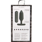 Dos de boîte Onyx avec schéma annoté du plug noir facetté et de sa télécommande, mentions hexagonal shape et rangée de pictogrammes de fonctions alignés en bas du packaging.