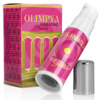 Flacon Olimpya Power of the Gods incline avec bouchon devant la boite rose aux colonnes, stimulant unisexe a l'huile de cannabis sativa flacon de 6 ml.