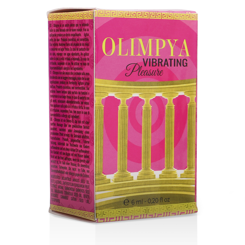 Boite rose Olimpya Vibrating Pleasure aux colonnes dorees, packaging du stimulant a l'huile de graines de cannabis sativa, contenance 6 ml format 0,20 fl oz.