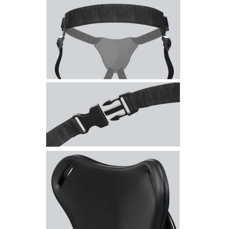 Trois gros plans du harnais Body Dock : sangles, boucle clip et texture de la plaque
