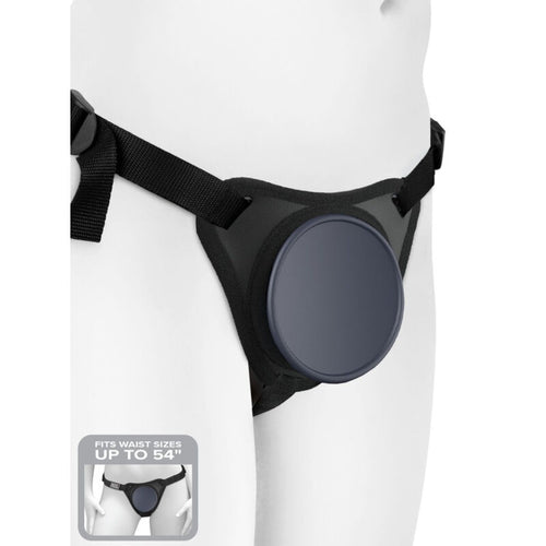 Harnais gode-ceinture Body Dock à dock de succión, porté sur un mannequin de profil, sangles nylon réglables et plaque de fixation silicone, sans gode.