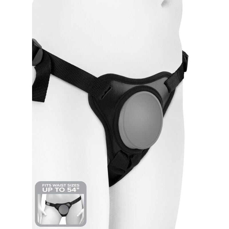 Harnais gode-ceinture Body Dock porté sur un mannequin de profil, sangles nylon ajustables jusqu'à 54 pouces et plaque silicone, bassin moulé sans gode.