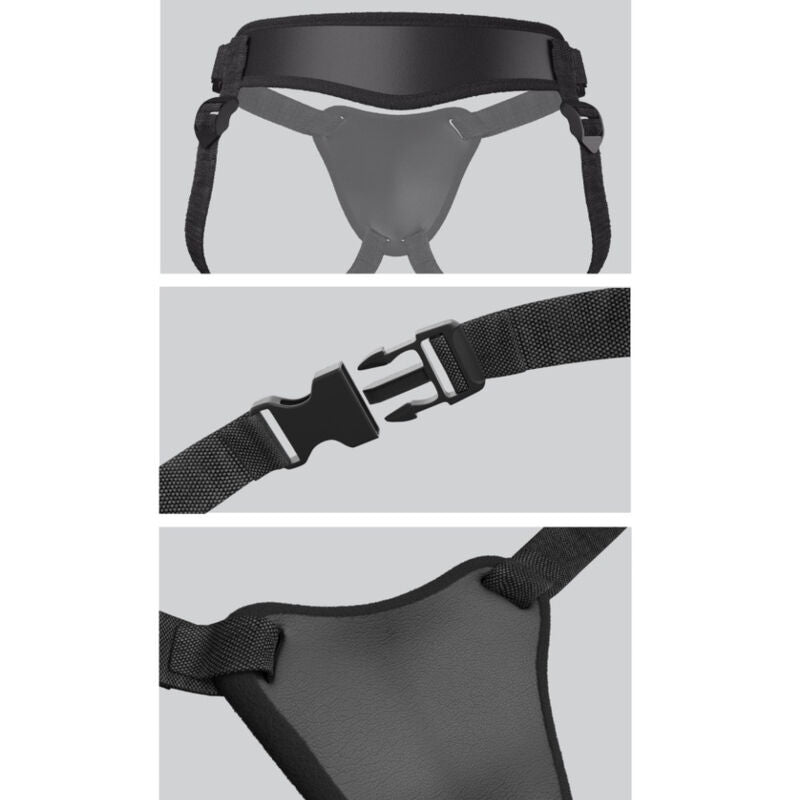 Trois vues du harnais Body Dock seul : ensemble noir, détail de la boucle de réglage et plaque de fixation silicone, sans aucun gode ni corps.