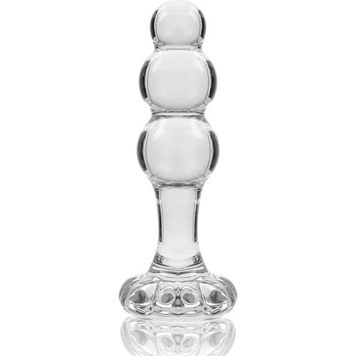 Plug anal en verre borosilicate transparent Nebula Series, vue de face debout, trois perles etagees et base fleur evasee, 10,5 cm pour un jeu thermique lisse.