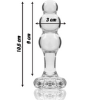 Schema cote du plug anal verre borosilicate perle avec cotes 10,5 cm et diametre 3 cm, base fleur evasee, version transparente lisse non poreuse au jeu thermique.
