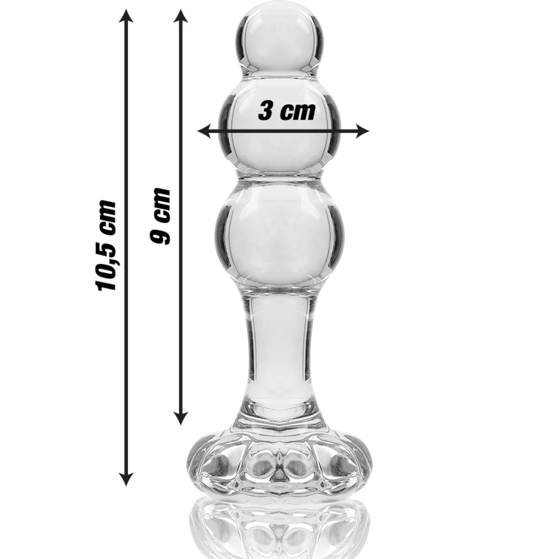 Schema cote du plug anal verre borosilicate perle avec cotes 10,5 cm et diametre 3 cm, base fleur evasee, version transparente lisse non poreuse au jeu thermique.