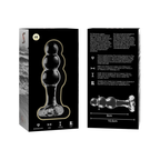 Packaging recto verso du plug anal en verre Nebula Series, visuel produit et schema technique cote 10,5 cm imprime sur boite noire, modele perle transparent.