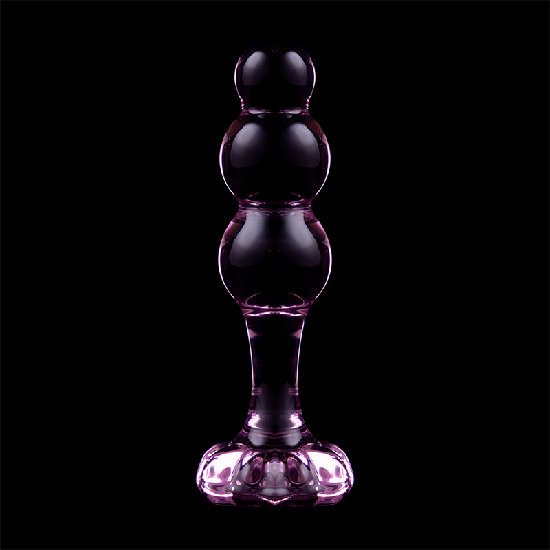 Plug anal en verre borosilicate teinte rose-violet sur fond noir, perles empilees et base fleur, vue de face, surface lisse pour stimulation thermique douce.