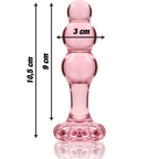 Schema cote du plug anal verre borosilicate rose perle, cotes 10,5 cm et diametre 3 cm indiquees, base fleur, finition lisse et jeu thermique chaud-froid.
