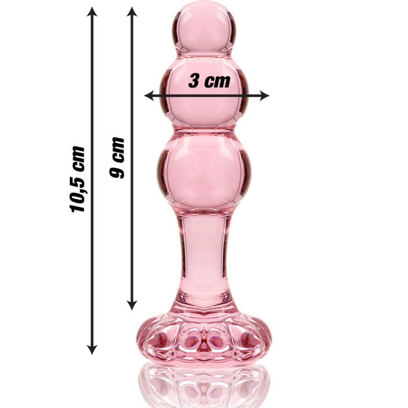 Schema cote du plug anal verre borosilicate rose perle, cotes 10,5 cm et diametre 3 cm indiquees, base fleur, finition lisse et jeu thermique chaud-froid.