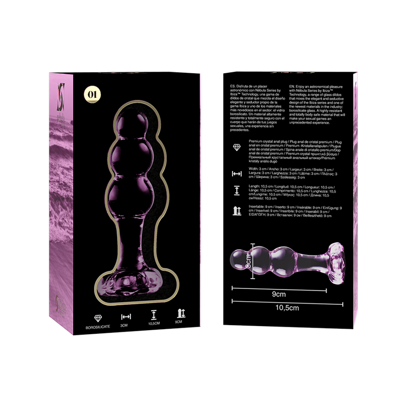 Packaging Nebula Series recto verso du plug anal verre borosilicate perle, schema technique 10,5 cm visible, declinaison transparente et rose lisse non poreuse.