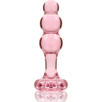 Plug anal en verre borosilicate rose Nebula Series debout, trois perles degradees et base fleur evasee, vue de face, matiere thermique lisse et facile a nettoyer.