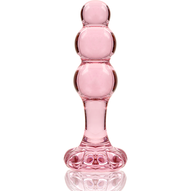 Plug anal en verre borosilicate rose Nebula Series debout, trois perles degradees et base fleur evasee, vue de face, matiere thermique lisse et facile a nettoyer.