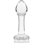 Plug anal fin en verre borosilicate transparent, tete bombee lisse et col fin sur base fleur, vue de face, diametre 3,5 cm pensee pour debuter en douceur.