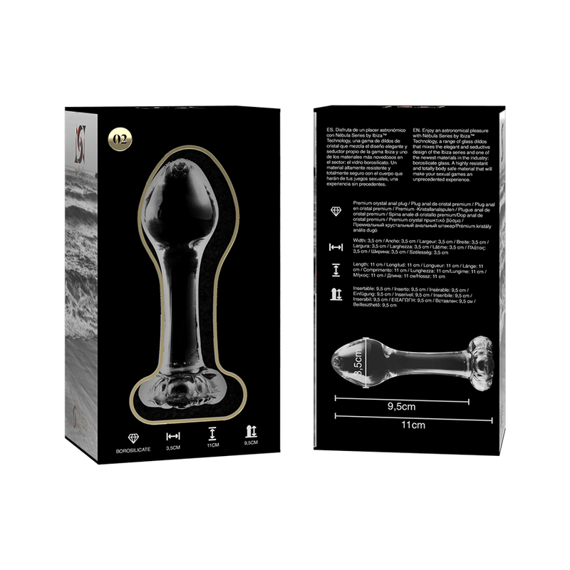 Packaging noir Nebula Series du plug anal fin en verre, visuel produit et schema technique 9,5 cm imprime, modele transparent lisse au jeu thermique chaud-froid.