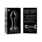 Packaging noir Nebula Series du plug anal fin en verre, visuel produit et schema technique 9,5 cm imprime, modele transparent lisse au jeu thermique chaud-froid.