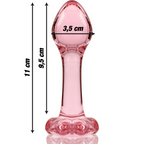 Schema cote du plug anal fin verre borosilicate rose, cotes 11 cm et diametre 3,5 cm precisees, tete arrondie et base fleur, finition lisse non poreuse.