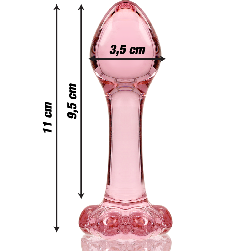 Schema cote du plug anal fin verre borosilicate rose, cotes 11 cm et diametre 3,5 cm precisees, tete arrondie et base fleur, finition lisse non poreuse.