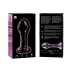 Packaging Nebula Series recto verso du plug anal fin en verre, schema technique 11 cm visible, declinaisons transparente et rose lisses au jeu de temperature.