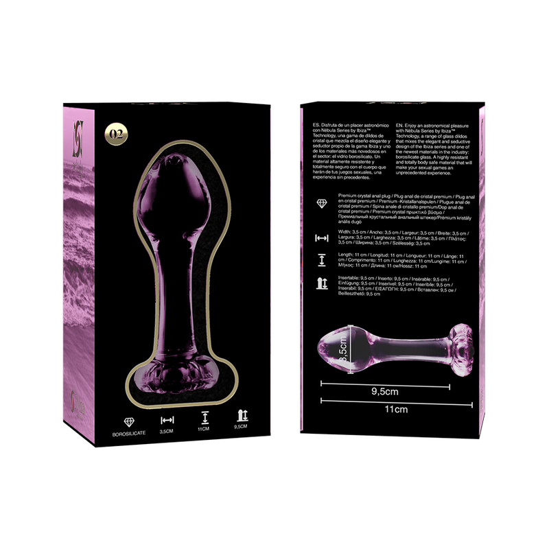 Packaging Nebula Series recto verso du plug anal fin en verre, schema technique 11 cm visible, declinaisons transparente et rose lisses au jeu de temperature.