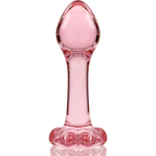 Plug anal fin en verre borosilicate rose Nebula Series debout, tete bombee lisse et base fleur evasee, vue de face, matiere thermique compatible tous lubrifiants.