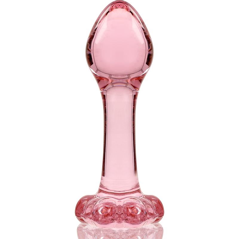 Plug anal fin en verre borosilicate rose Nebula Series debout, tete bombee lisse et base fleur evasee, vue de face, matiere thermique compatible tous lubrifiants.