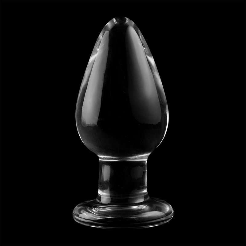 Plug anal conique en verre borosilicate transparent sur fond noir, corps bombe brillant et col fin sur base, vue de face, matiere thermique non poreuse.