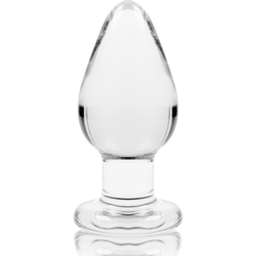 Plug anal conique en verre borosilicate transparent, pointe arrondie large et col fin sur base perlee, vue de face, matiere lisse non poreuse au jeu thermique.