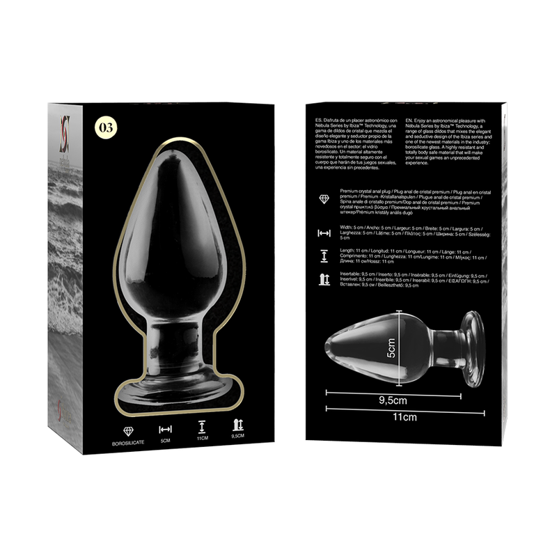 Packaging noir Nebula Series du plug anal conique en verre, visuel produit et schema technique 9,5 cm imprime, modele transparent lisse au jeu chaud-froid.