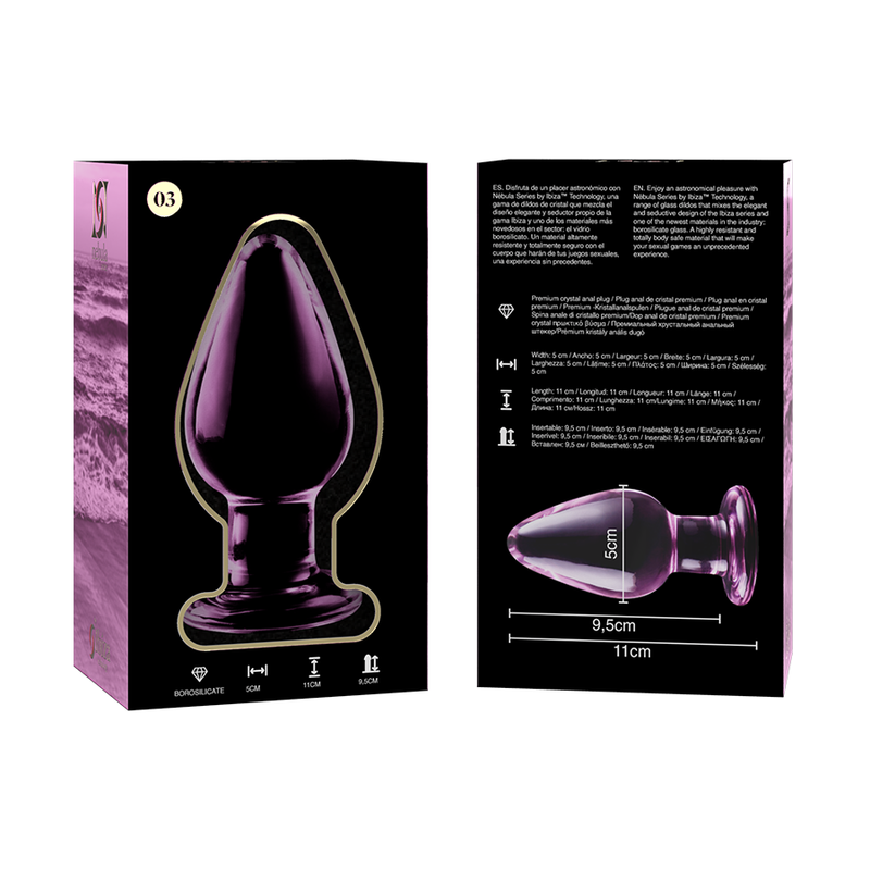 Packaging Nebula Series et schema technique 9,5 cm du plug anal conique en verre, modele teinte rose-violet, corps large lisse non poreux au jeu de temperature.