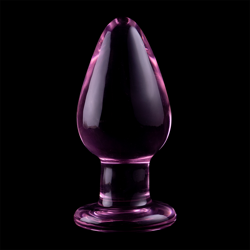 Plug anal conique en verre borosilicate teinte rose-violet sur fond noir, corps bombe et base perlee, vue de face, surface lisse non poreuse adaptable thermique.