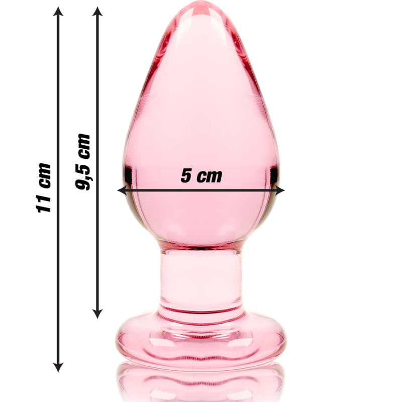 Schema cote du plug anal conique verre borosilicate rose, cotes 11 cm et diametre 5 cm precisees, corps bombe et base annelee, finition lisse non poreuse.