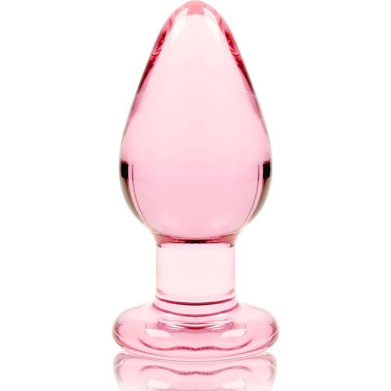 Plug anal conique en verre borosilicate rose Nebula Series debout, corps bombe brillant et base perlee, vue de face, matiere thermique facile a nettoyer.