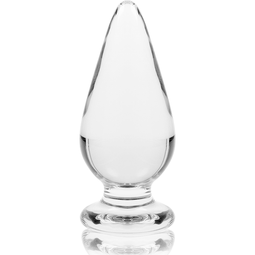 Plug anal en verre borosilicate transparent forme goutte allongee, pointe effilee et base double anneau, vue de face, matiere lisse non poreuse au jeu thermique.